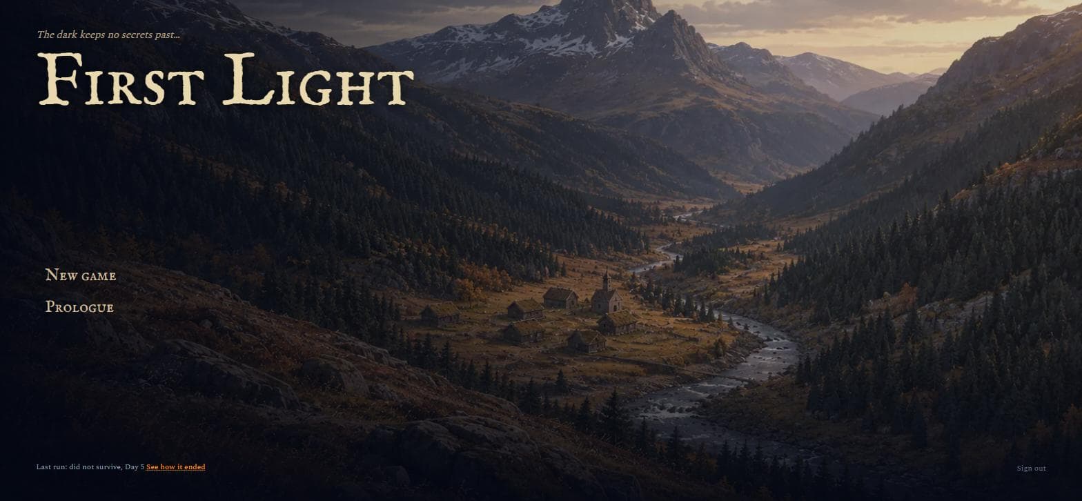 Title screen reading First Light over a painted mountain valley with a small village and a river, with New game and Prologue options.